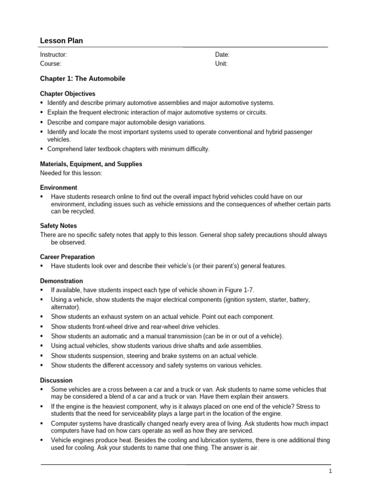 Automotive Systems Lesson Plan | PDF | Axle | Car