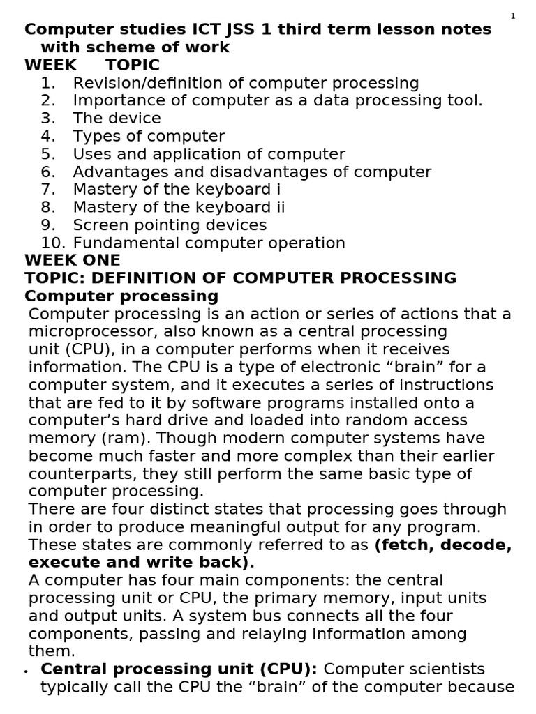 ICT JSS 1 Computer Processing Notes | PDF | Booting | Computer Keyboard