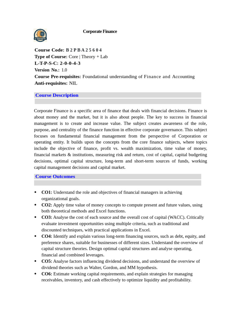 Corporate Finance Course Overview | PDF | Cost Of Capital | Capital ...