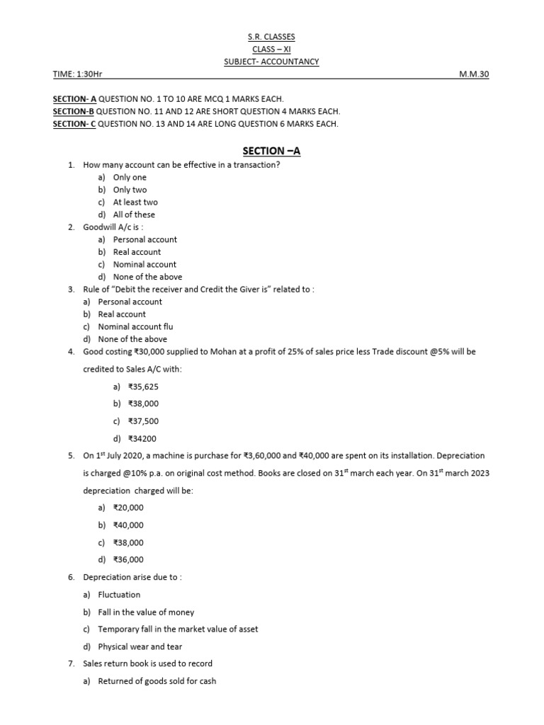 Class XI Accountancy Exam Questions | PDF | Debits And Credits ...
