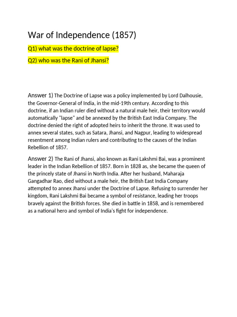 War of Independence Questions | PDF