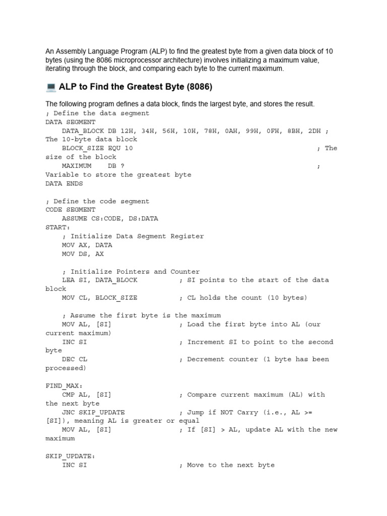 (b) Write an ALP to Find Greatest Byte From the Gi... | PDF | Pointer ...
