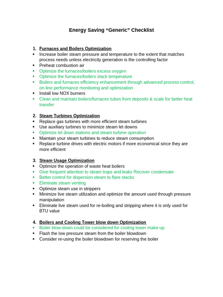 Energy Efficiency Optimization Checklist | PDF | Boiler | Steam