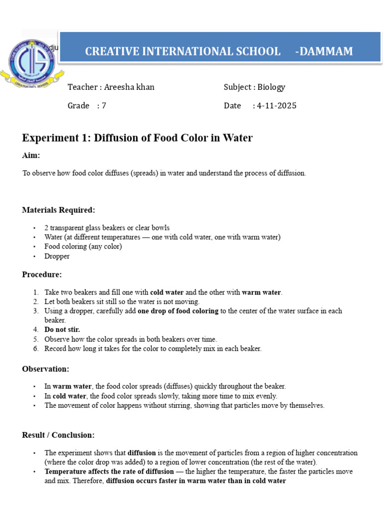 Food Color and Osmosis Experiments | PDF | Water | Diffusion