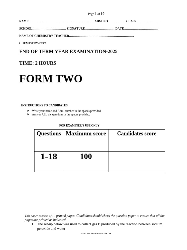 Form Two Chemistry Exam Paper 2025 | PDF | Chemical Elements | Anode