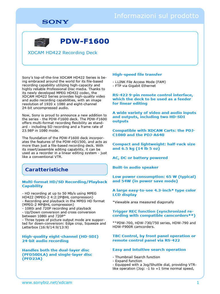 Sony PDW-F1600 XDCAM HD422 Deck | PDF | Video | Computer Engineering