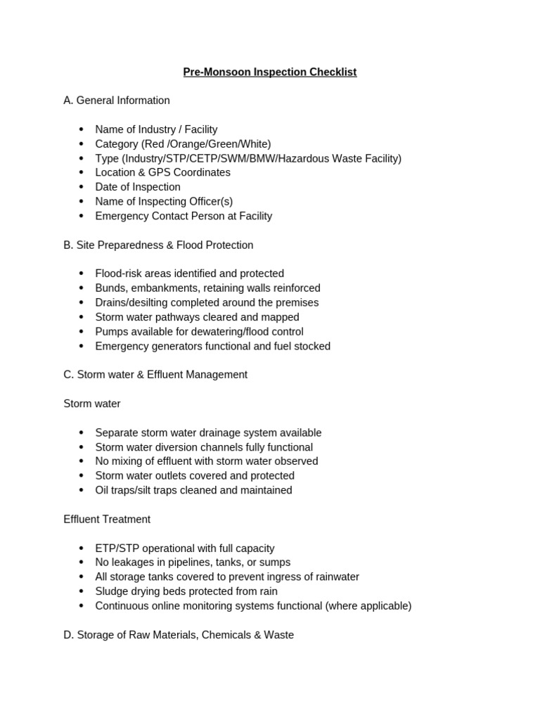Pre-Monsoon Inspection Checklist Guide | PDF | Flood | Stormwater