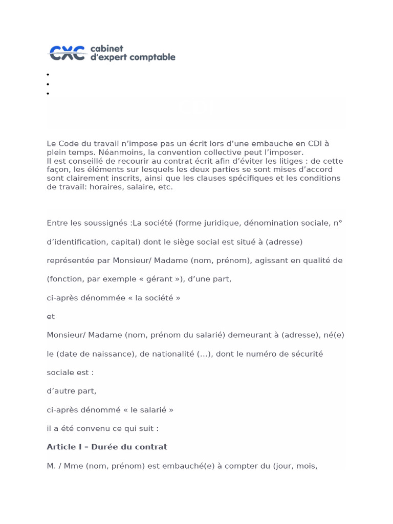 Modèle de contrat CDI détaillé | PDF | Convention collective | Retraite