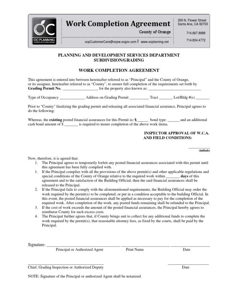 Orange County Work Completion Agreement | PDF | License | Justice