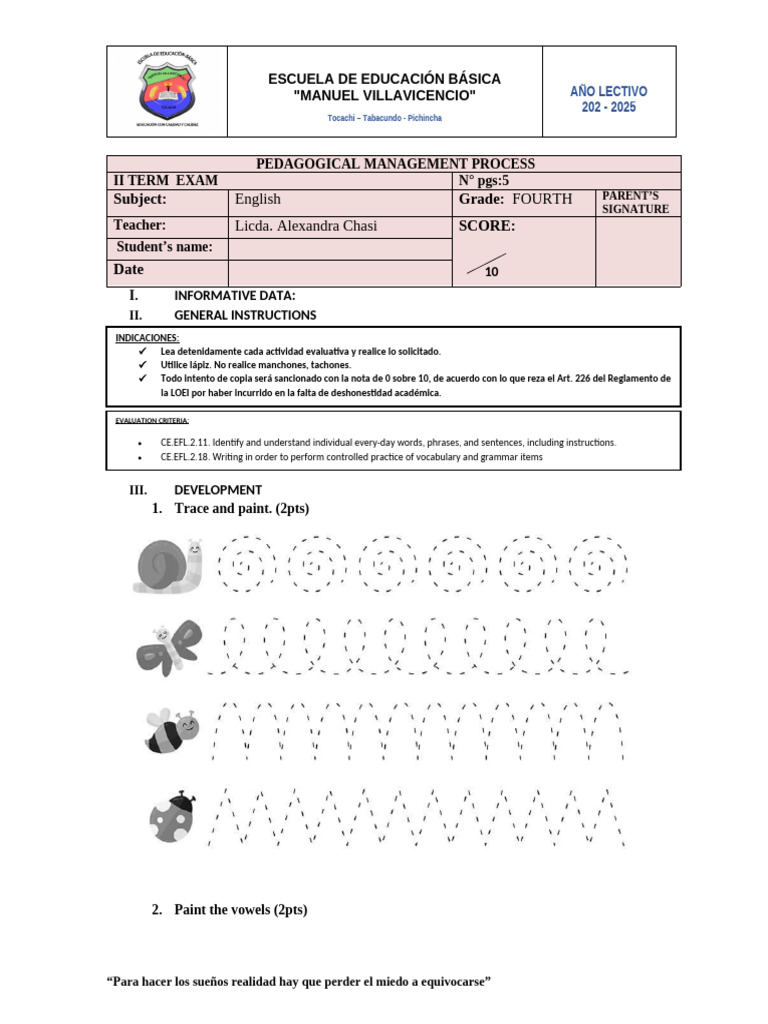 Examen de Inglés Cuarto Grado 2025 | PDF