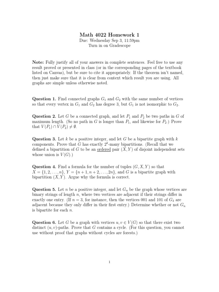 Math 4022 Homework 1: Graph Theory Problems | PDF