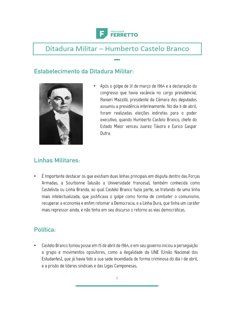 Ditadura Militar: Castelo Branco e AI's | PDF | Governo | Brasil