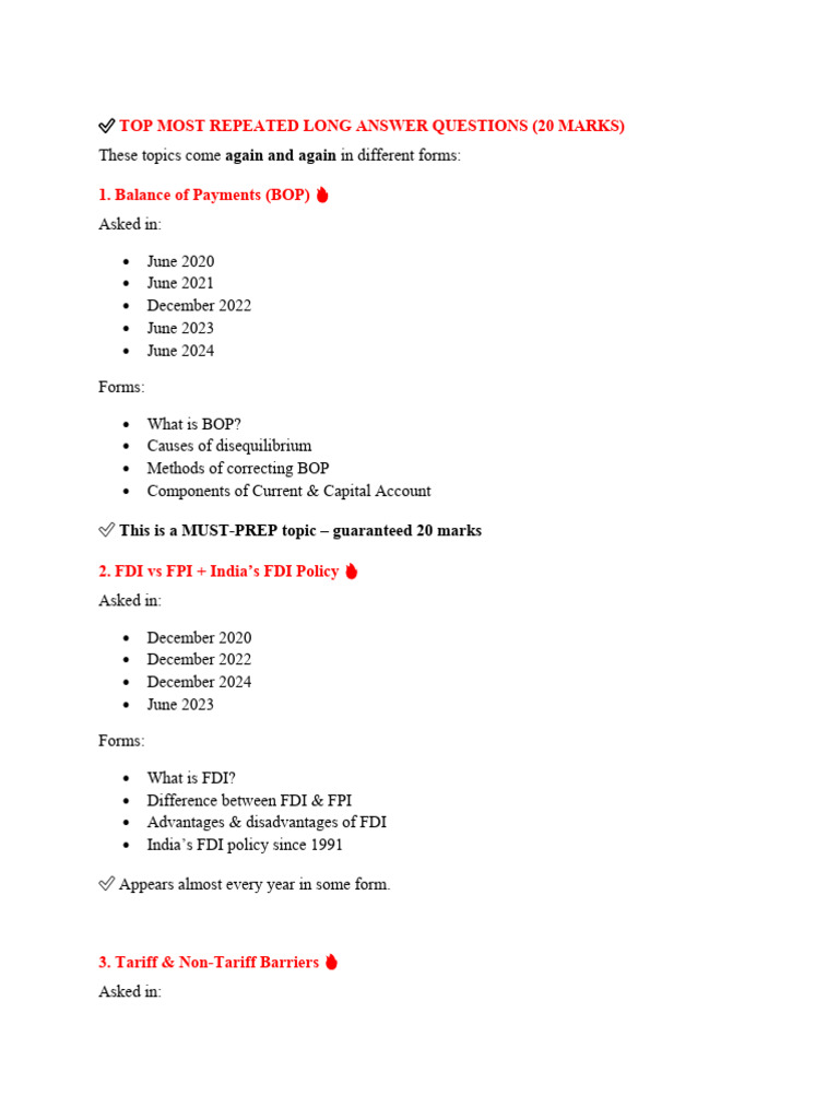 Key Long Answer Questions for Exams | PDF | Non Tariff Barriers To ...
