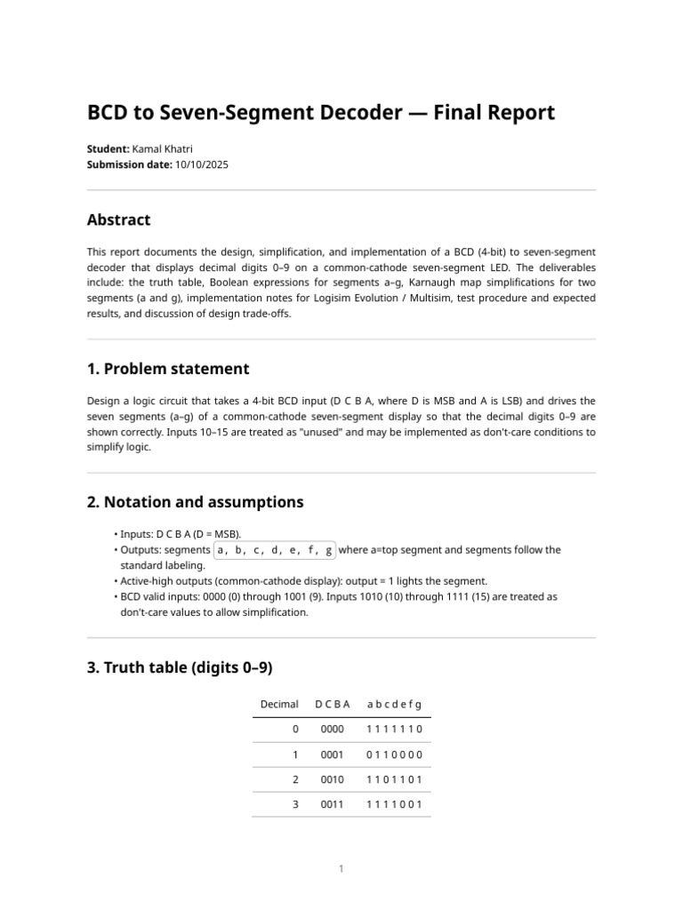 BCD to Seven-Segment Decoder Report | PDF | Logic Gate | Computer ...