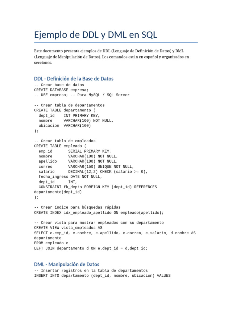DDL DML Ejemplo | PDF | Software de gestión de datos | Gestión de ...