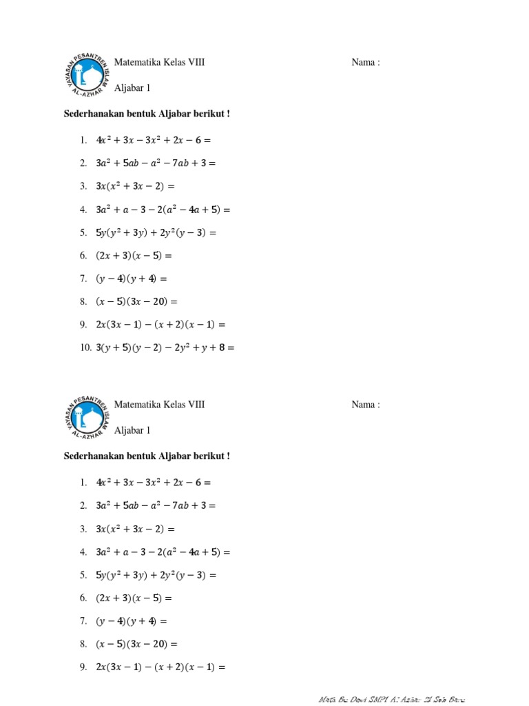 Latihan Soal Aljabar Kelas Viii Pdf