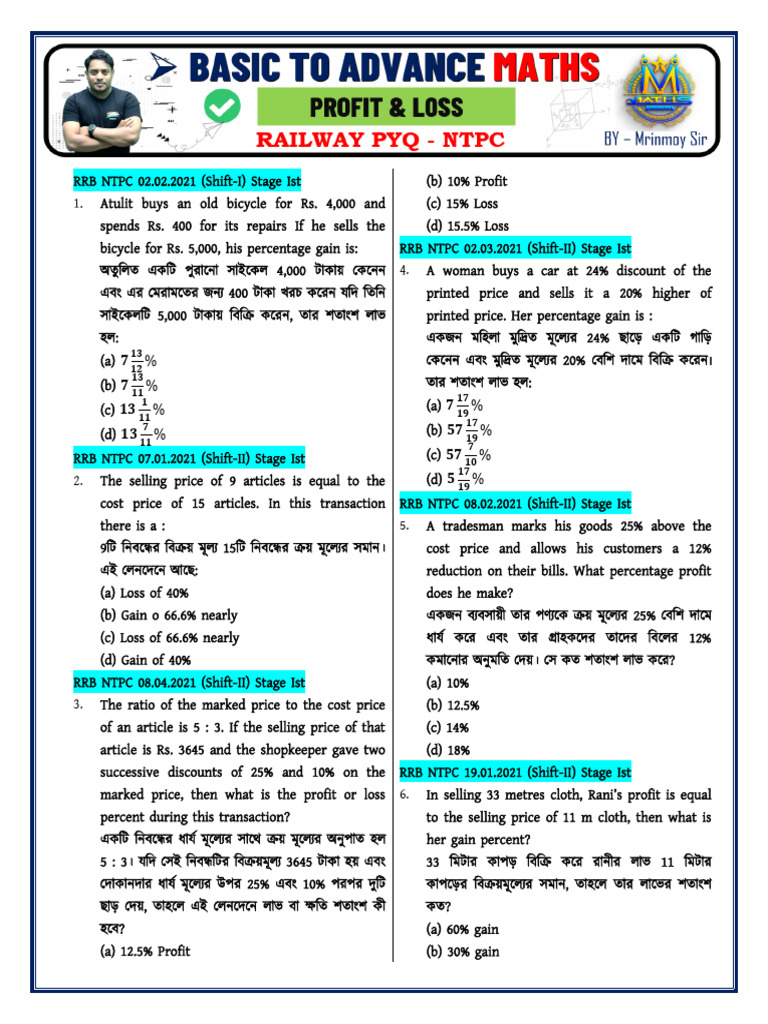 Railway Pyq (Profit & Loss) | PDF