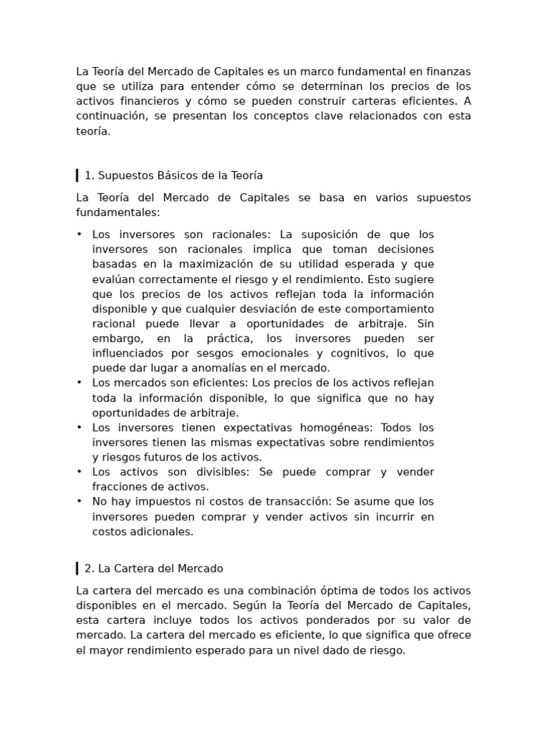 Teoría del Mercado de Capitales en Finanzas | PDF | Modelo de fijación ...