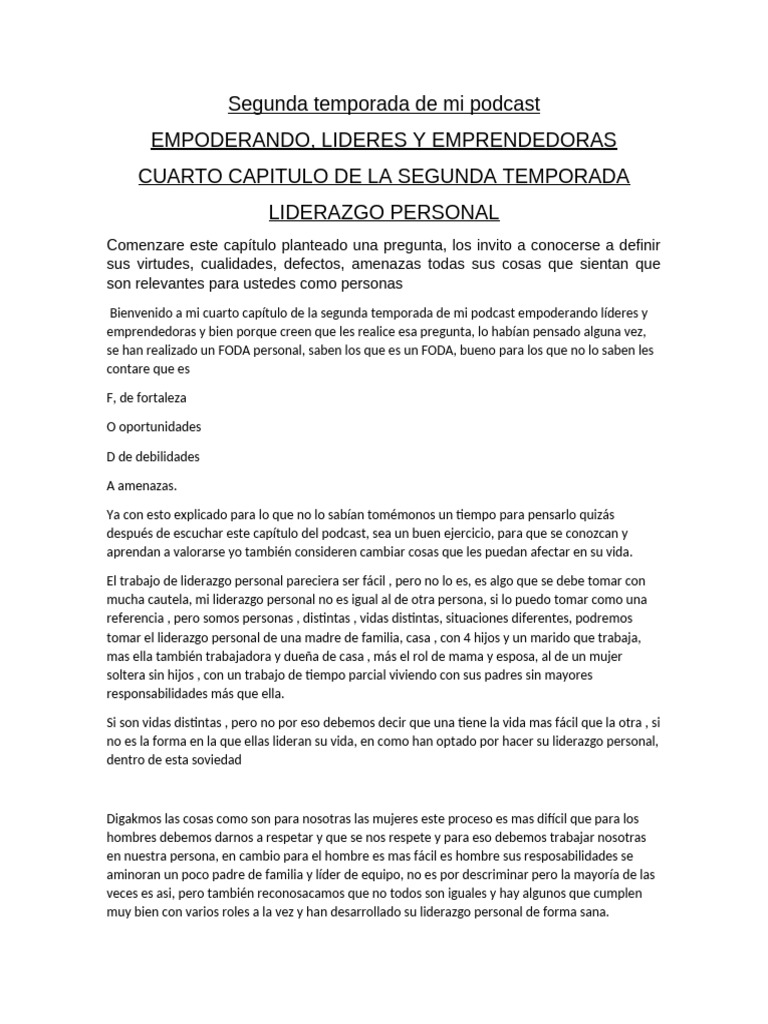 cuarto capitulo DE POD CAST ESCRITO POR | PDF | Liderazgo | Análisis FODA