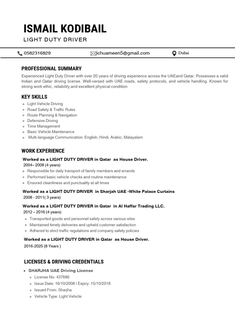 Experienced Light Duty Driver Resume | PDF