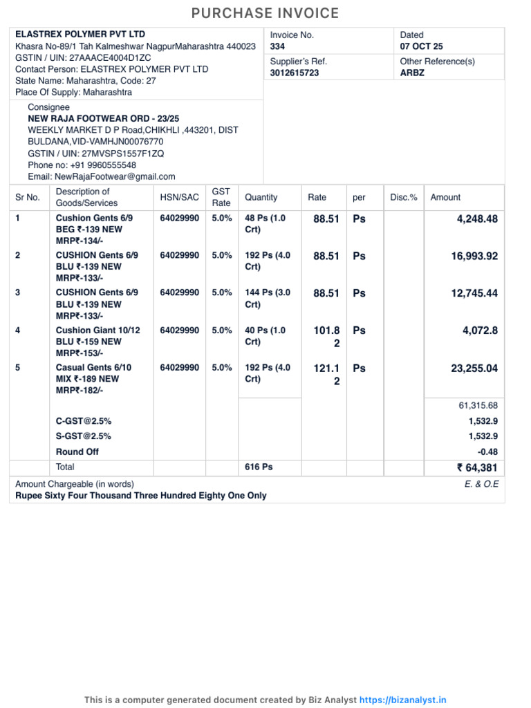 Purchase Invoice for ELASTREX POLYMER | PDF | Rupee | Payments