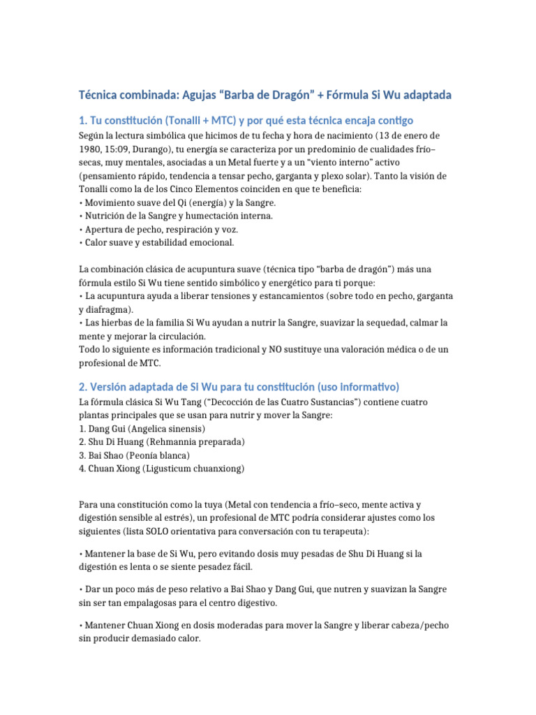 Tecnica Barba de Dragon y Si Wu Adaptada | PDF | Acupuntura | Medicina
