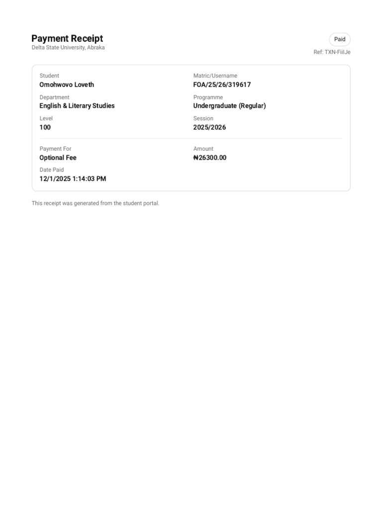 Delta State University Payment Receipt | PDF