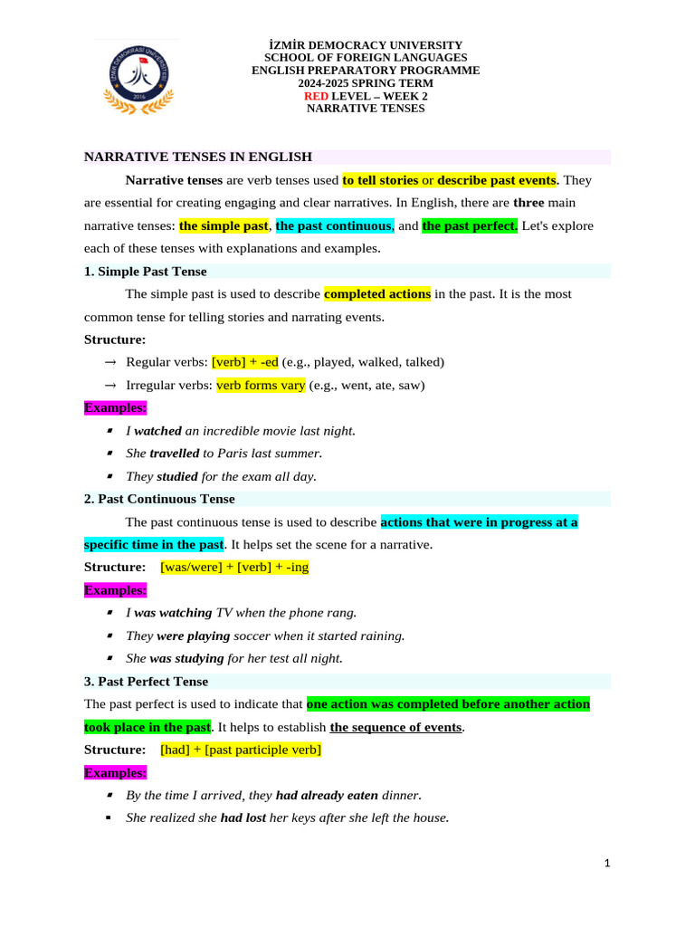English Narrative Tenses Guide | PDF | Grammatical Tense | Language ...