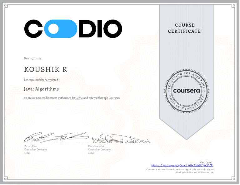 Java Algorithms Course Completion Certificate | PDF