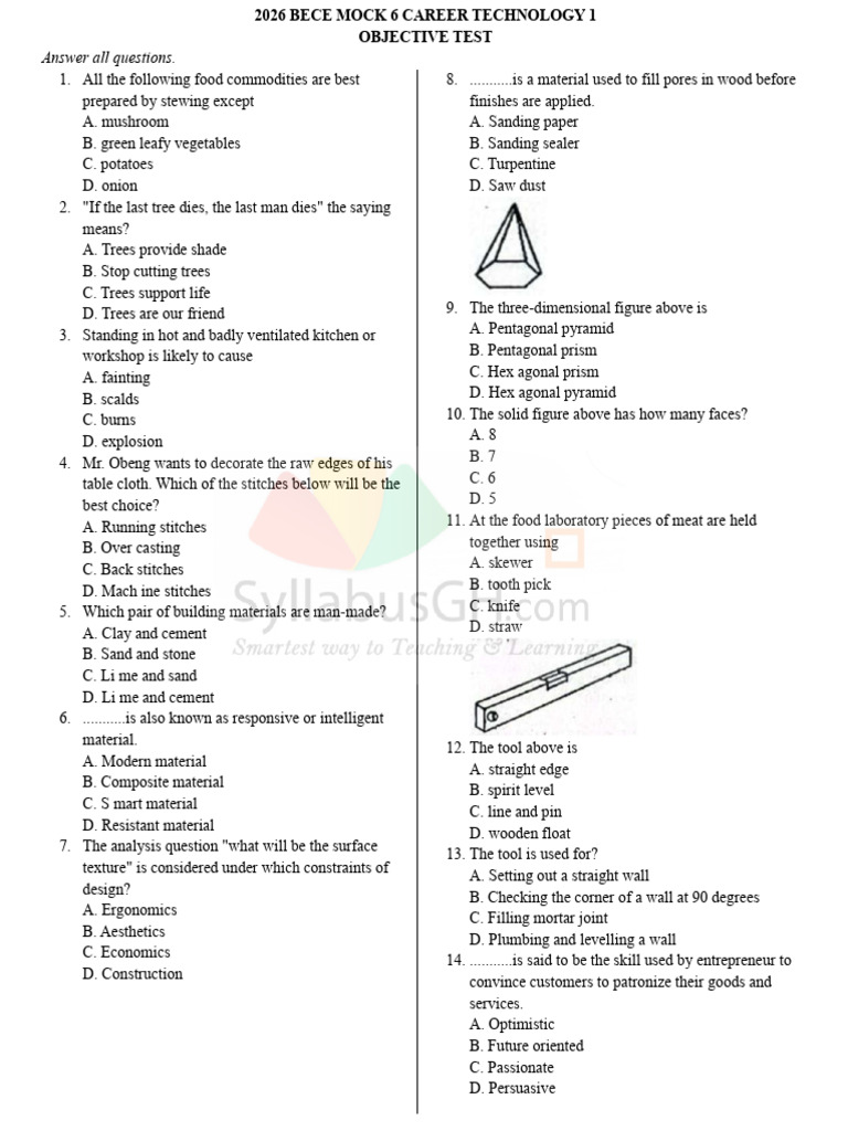 2026 BECE Mock Career Technology Test | PDF