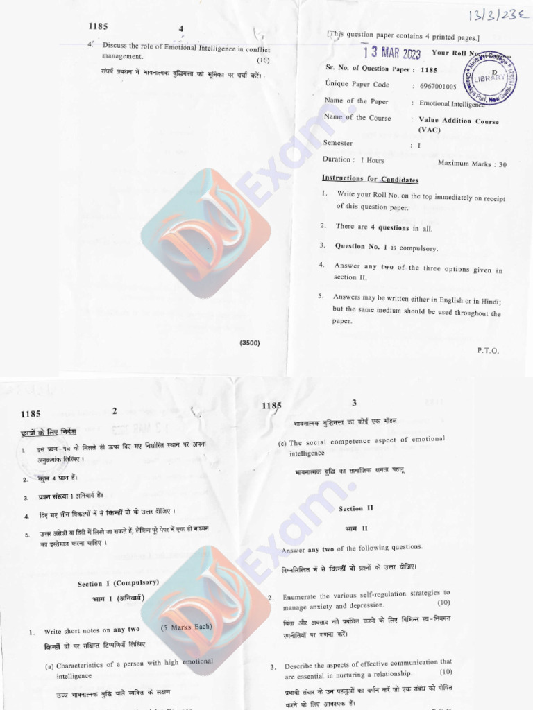 Emotional Intelligence Paper 2023 Du DuExam | PDF