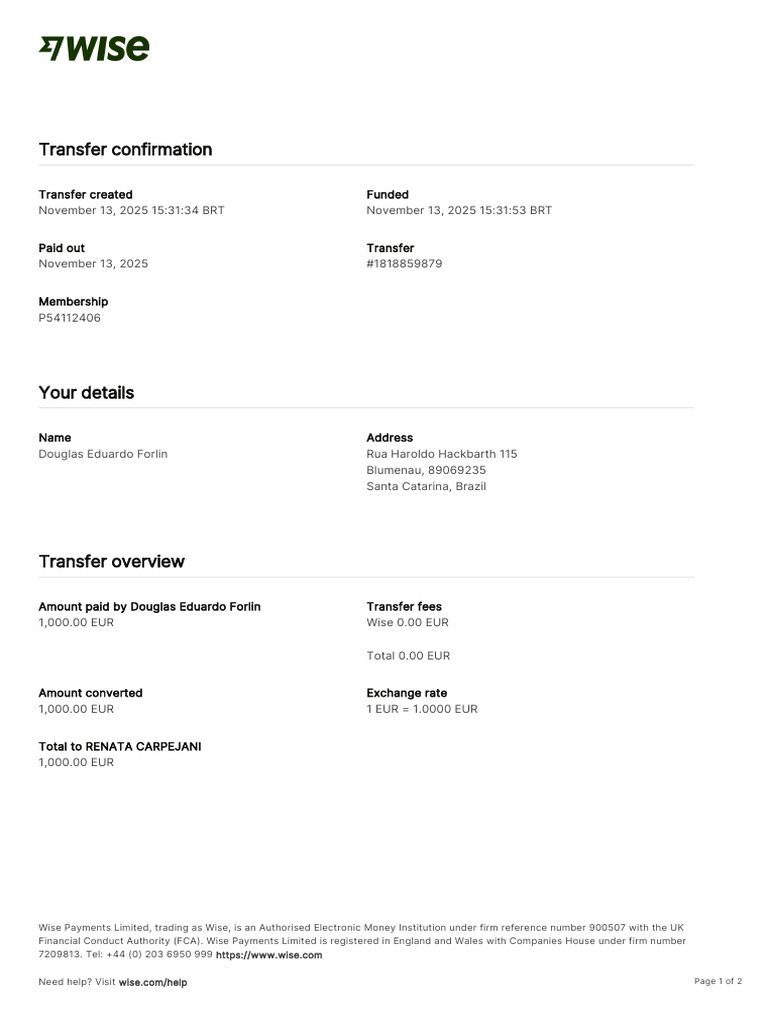 Wise Transfer Confirmation Transfer 1818859879 6776859286 PT | PDF ...