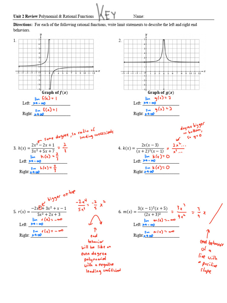 Unit 2 Rationals & Polynomials Test Review Key | PDF | Asymptote | Zero ...