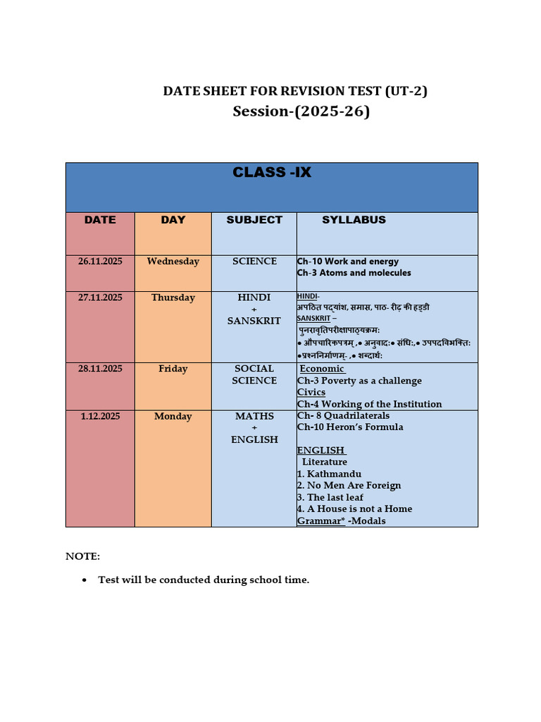 Class IX Revision Test Date Sheet 2025 | PDF