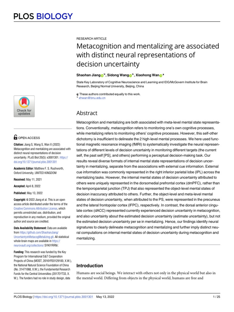 Neural Basis of Metacognition vs. Mentalizing | PDF | Metacognition ...