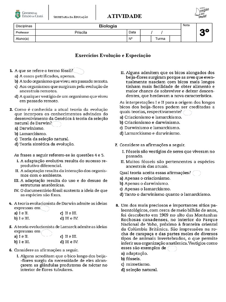 Exercícios sobre Evolução e Especiação | PDF