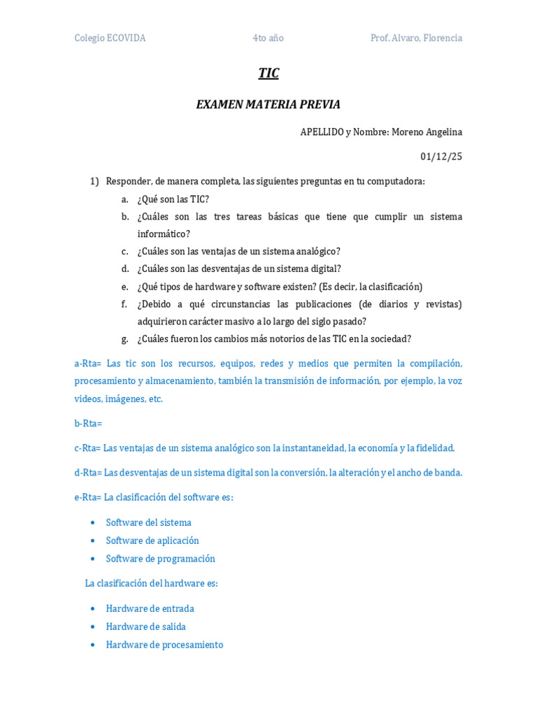 Examen TIC y Proyecto Mendoza 4to Año | PDF | Hardware de la ...