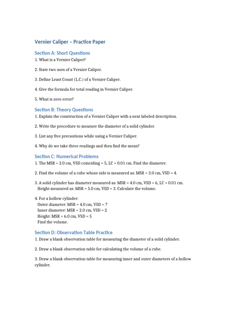 Vernier Caliper Practice Questions Guide | PDF