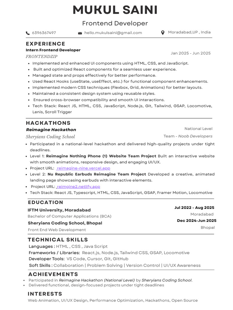 Mukul Saini Resume | PDF | Java Script | Web Development