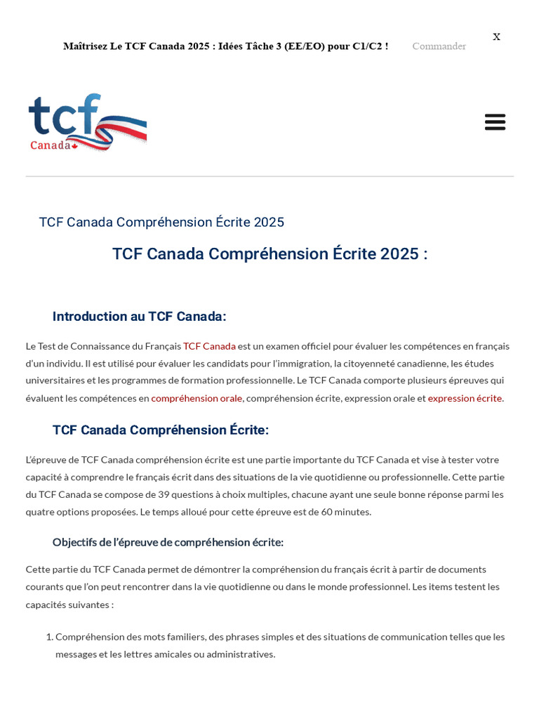 Préparation TCF Canada Compréhension Écrite | PDF | Langue française ...