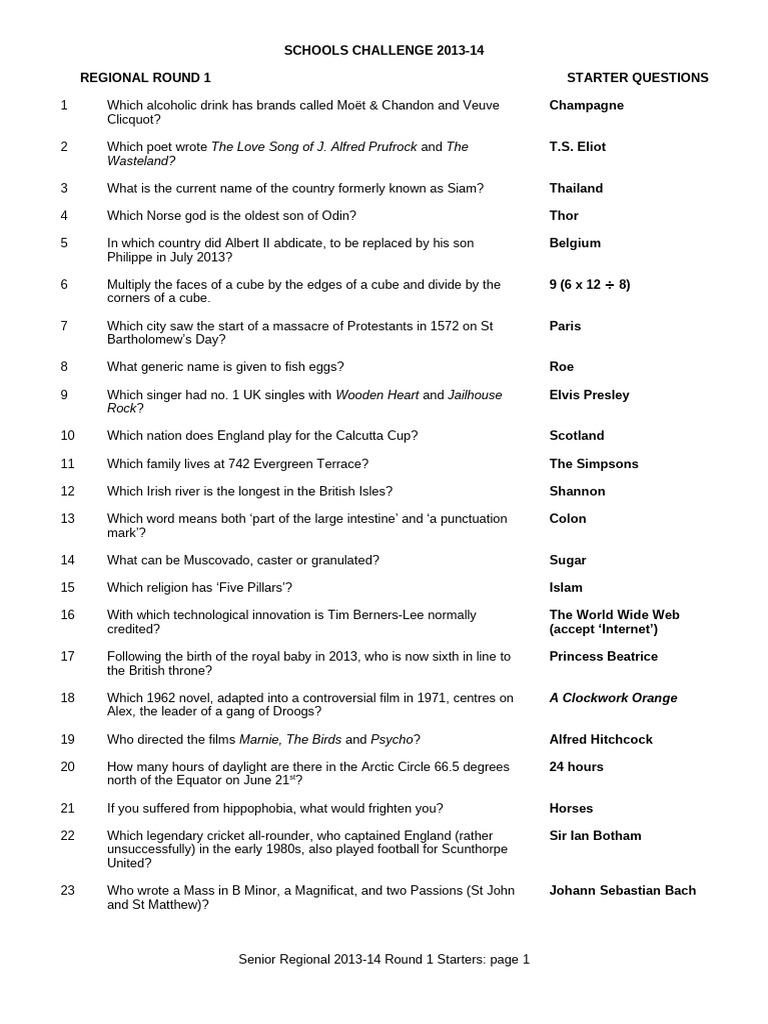 Schools Challenge 2013-14 Questions | PDF
