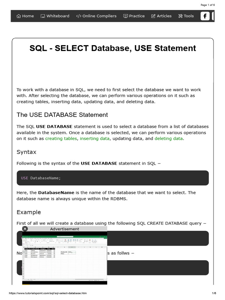 SQL USE Statement and Database Selection | PDF | Databases | Sql