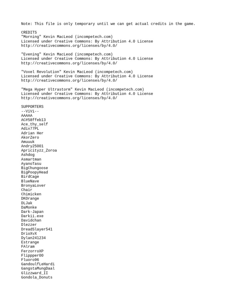 Game Credits and Supporters List | PDF