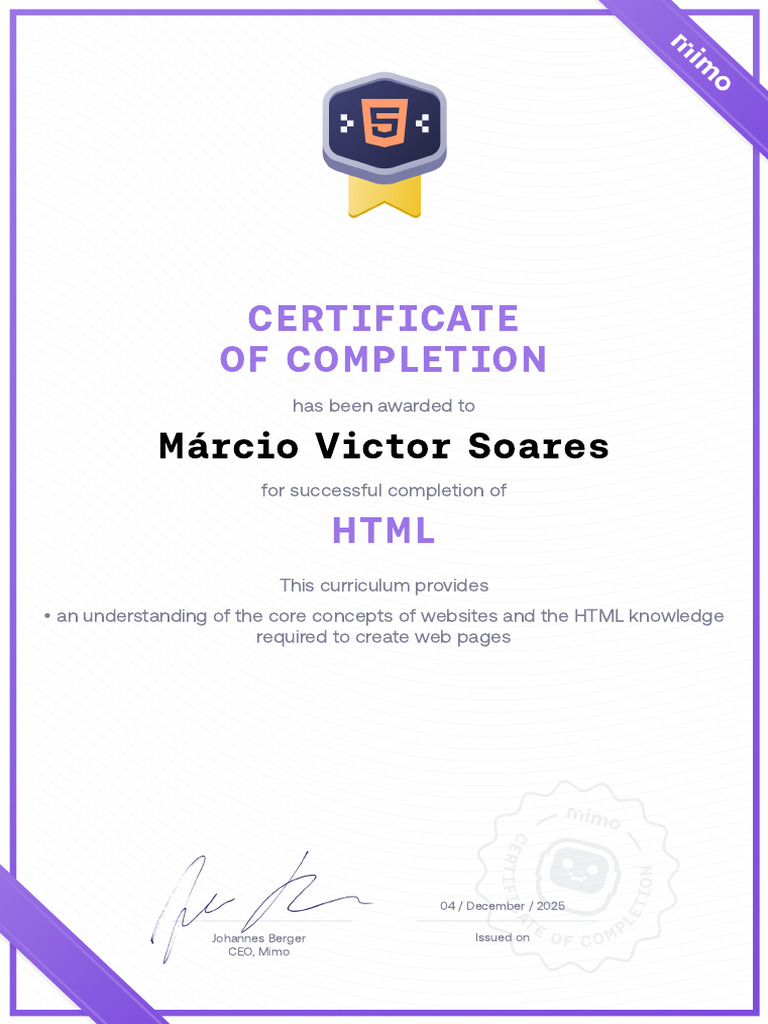 HTML Completion Certificate for Márcio Soares | PDF