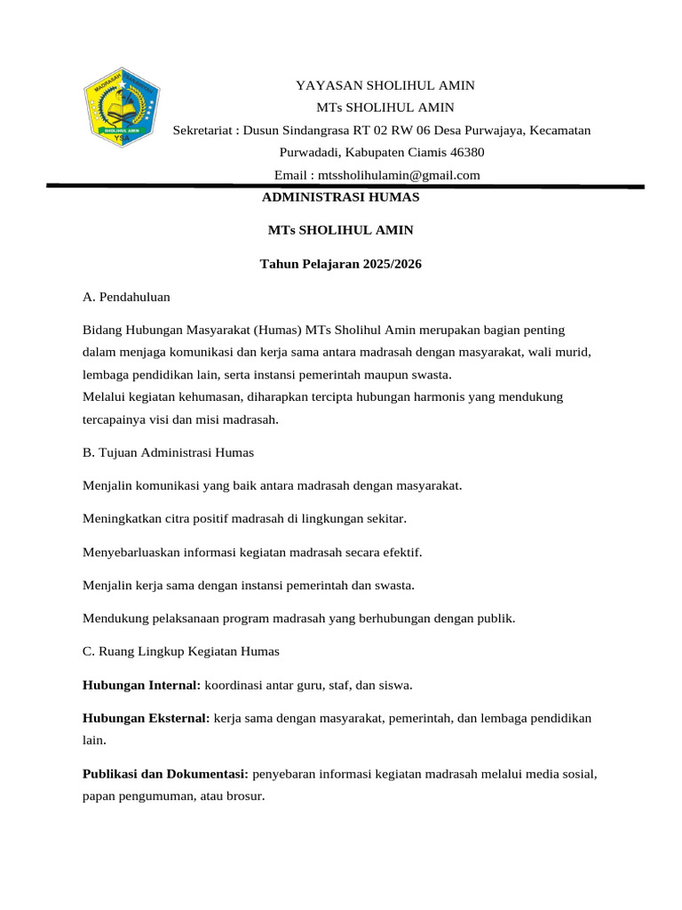 Administrasi Humas MTs Sholihul Amin 2025 | PDF