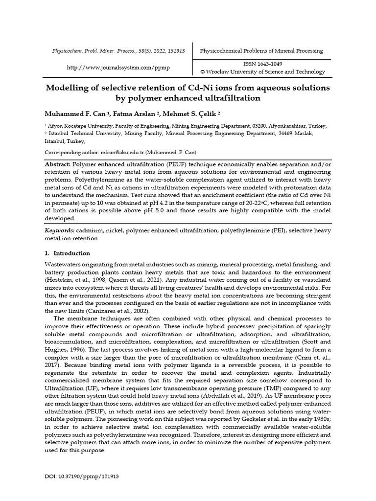 141855 Modelling of Selective Retention of CD-Ni Ions Fro | PDF ...