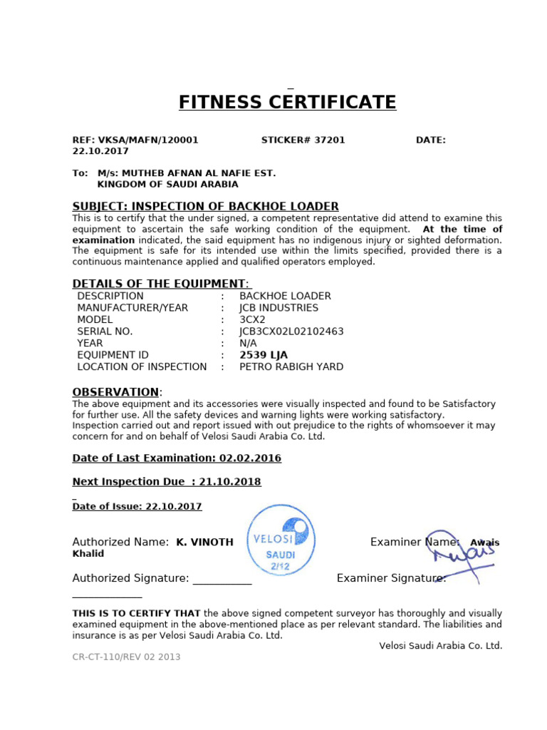 Backhoe Loader Fitness Certificate | PDF