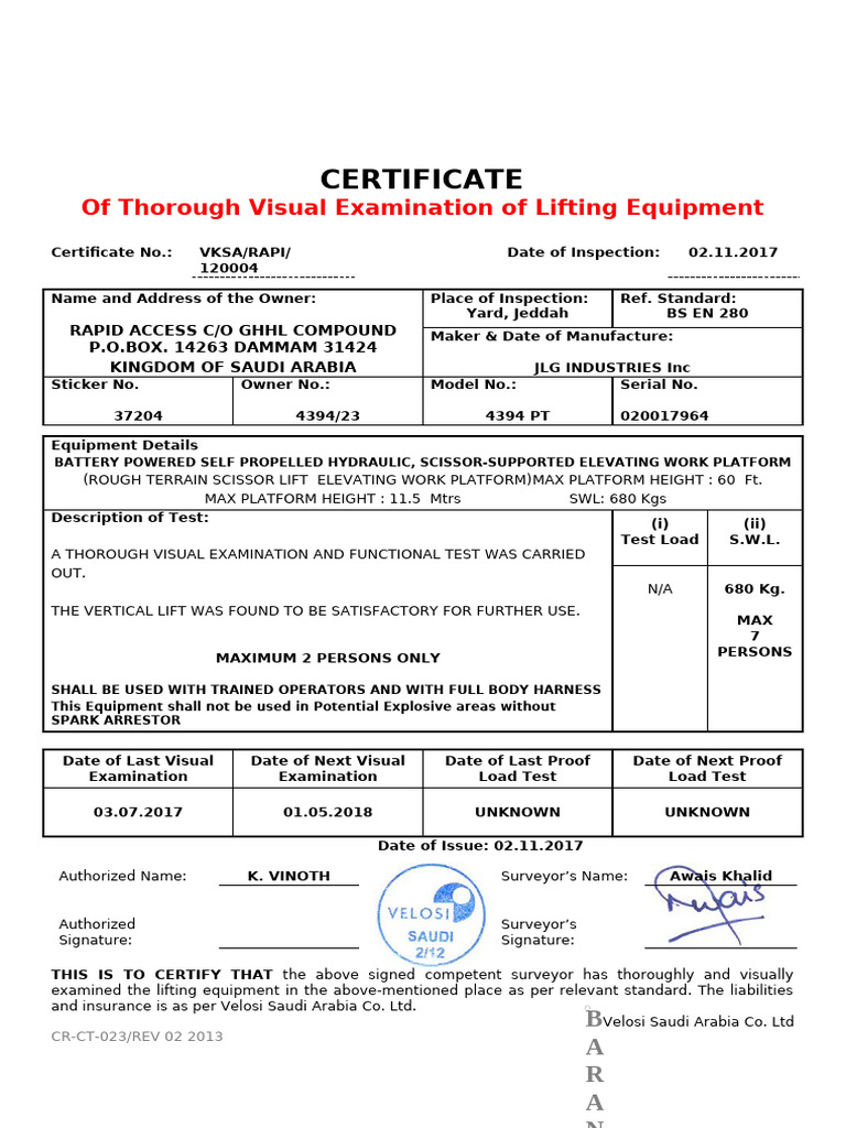Visual Inspection Certificate for Scissor Lift | PDF | Manufactured ...
