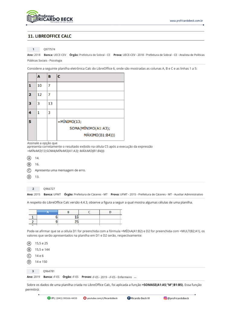 Funções do LibreOffice Calc em Provas | PDF