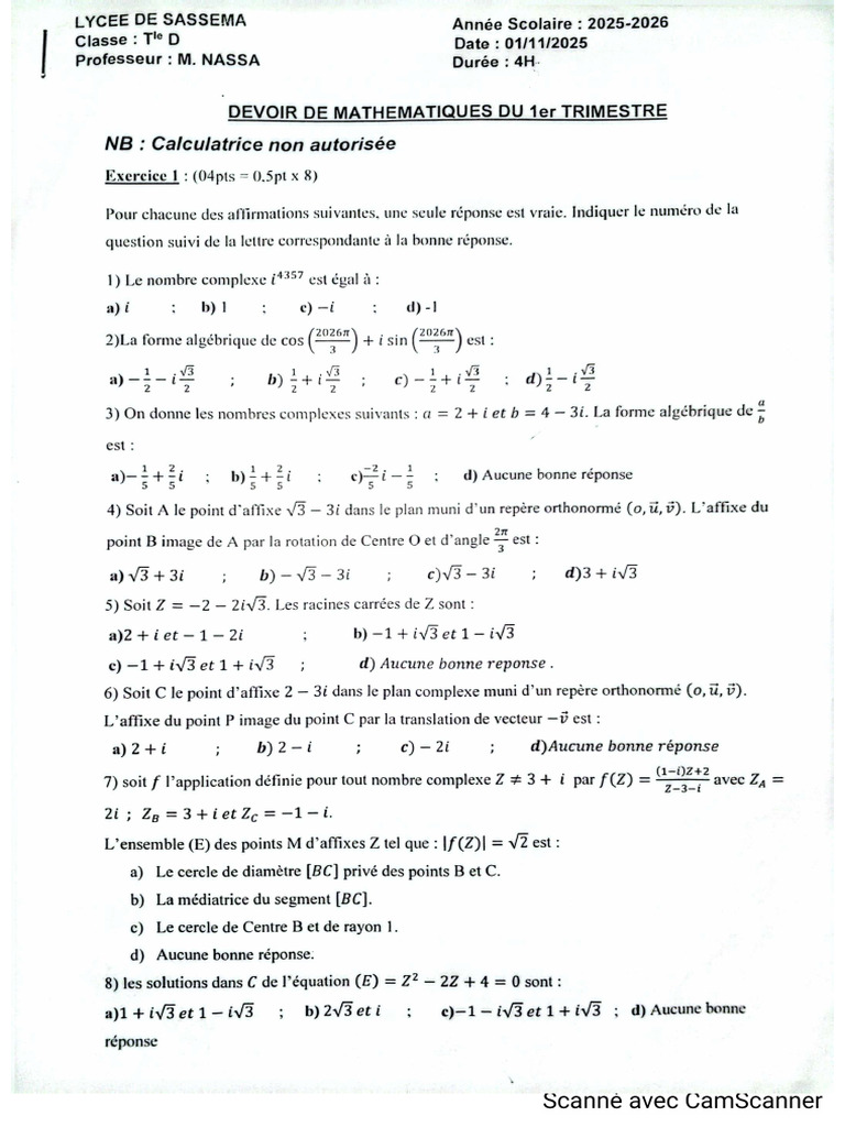 Sujet+Corrigé Dev1 TleD PR NASSA | PDF
